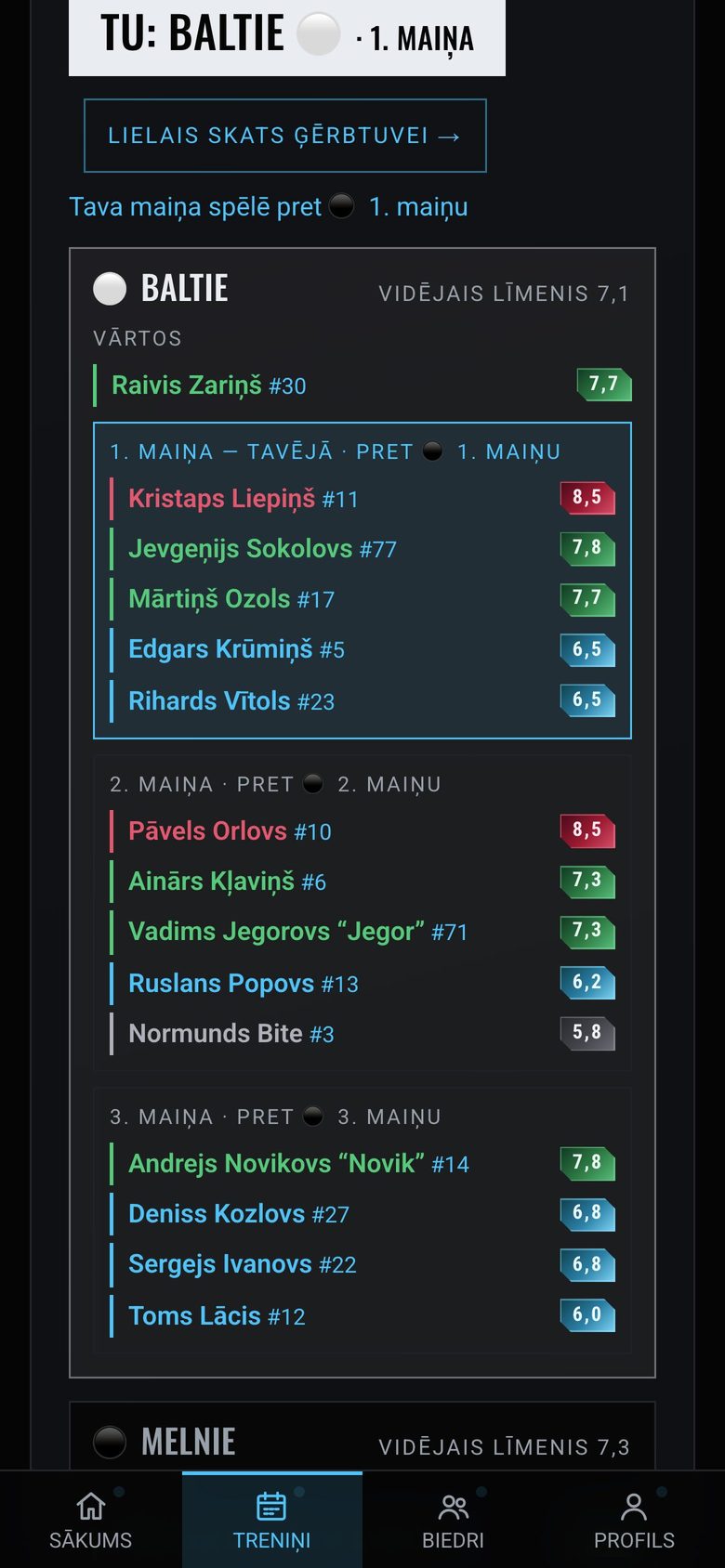 App screen in Latvian, demo data. Published lineup: two teams, three lines and a goalie each, balanced by rating.